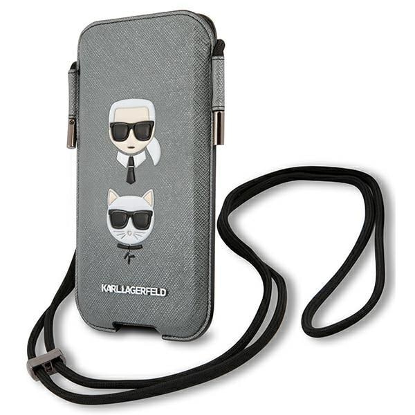 Karl Lagerfeld Saffiano Ikonik Karl&Choupette Head 6.1" Halsbandsfodral - Grå