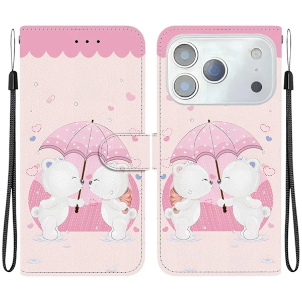 iPhone 17 Pro Plånboksfodral Med Lanyard - Cartoon Couple Bear Rosa