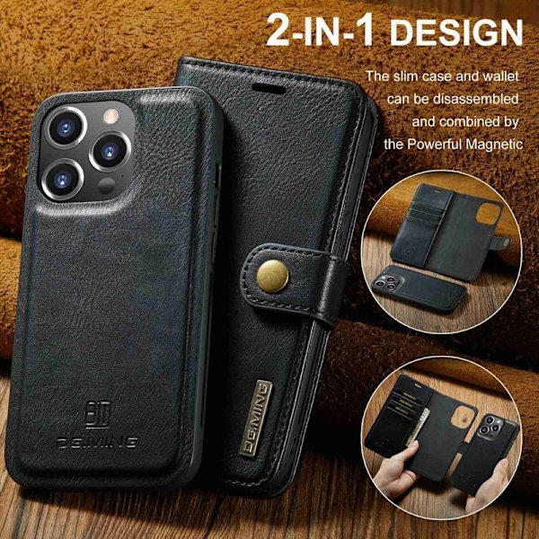 DG.MING iPhone 15 Pro Plånboksfodral Shockproof Äkta läder Svart