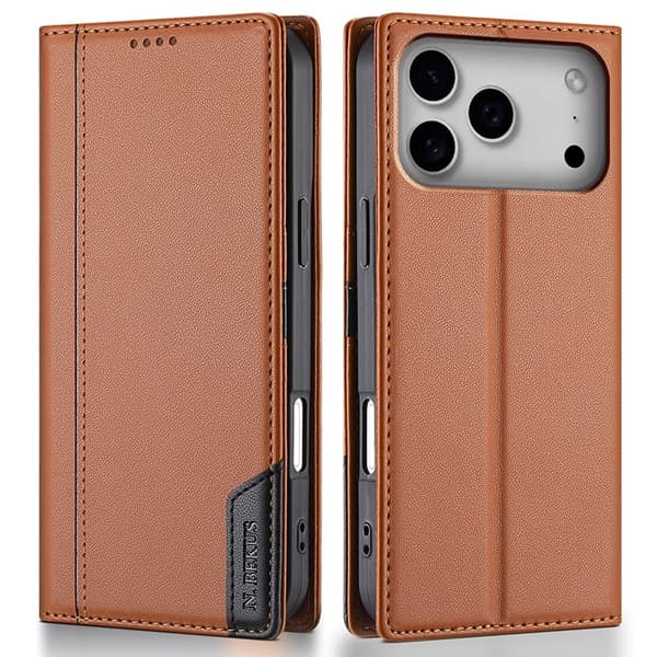 N.BEKUS iPhone 17 Pro Konstläder Plånboksfodral RFID-Skydd P3 - Brun Brun