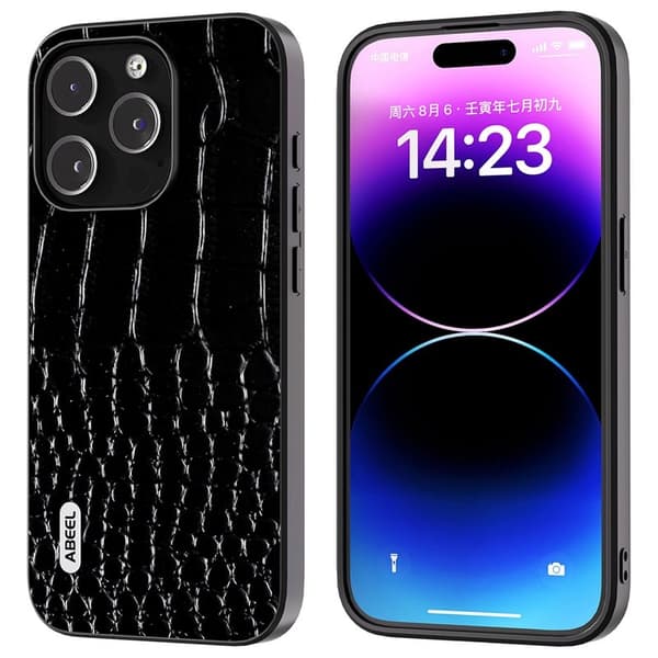 ABEEL Mobilskal till iPhone 15 Pro Krokodiltextur Äkta Läder Svart