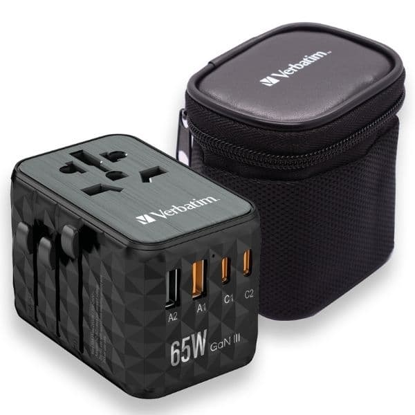 Verbatim Rejseoplader GaN 65W PD 2xUSB-C 2xUSB-A EU/UK/USA - Sort Svart