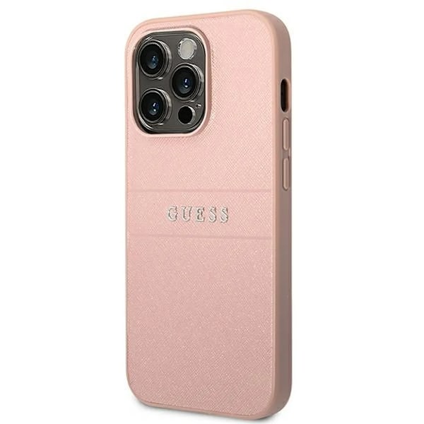 GUESS iPhone 14 Pro Max Cover Glitter Flakes Script Metal Logo - Rosa
