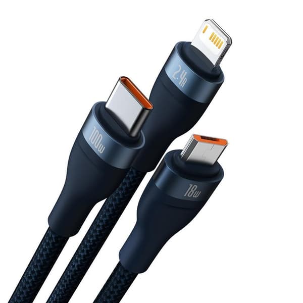 Baseus 3in1 USB-A till USB-C Lightning microUSB kabel 100W 1.2m Blå