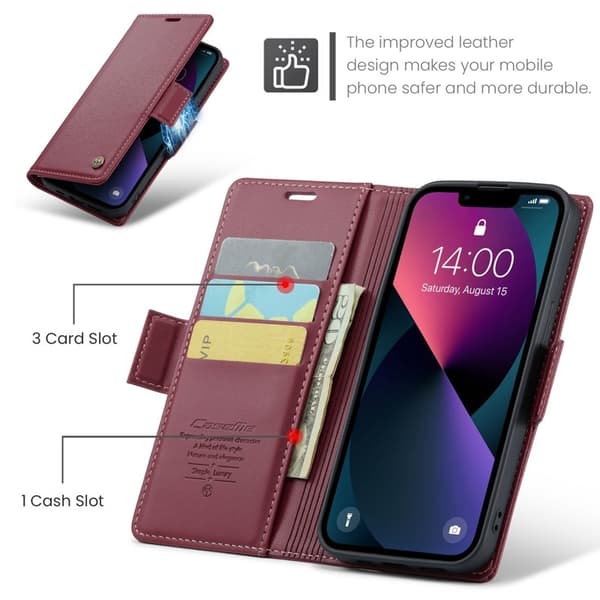 CASEME iPhone 15 Plånboksfodral Konstläder RFID-Skydd Röd