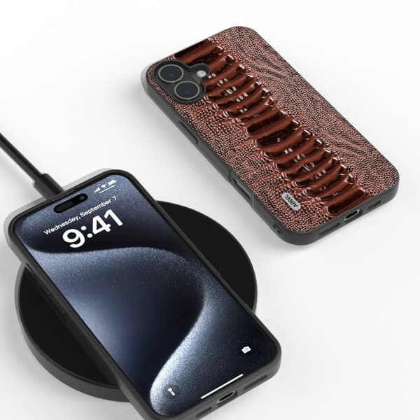 ABEEL Mobilskal till iPhone 16 Plus Äkta Läder Krokodil Textur - Brun