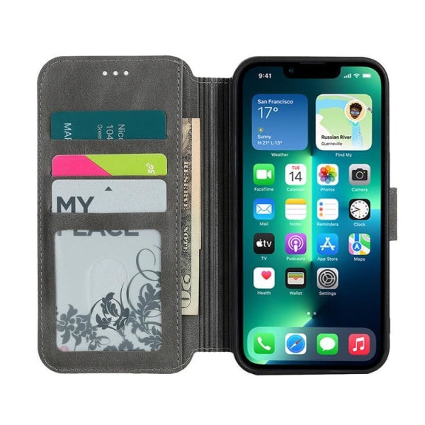 BOOM iPhone 13 Pro Wallet Case Calfskin - harmaa