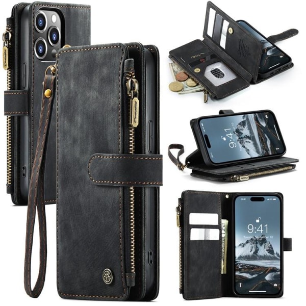 CASEME iPhone 15 Pro Wallet Case C30 vetoketju - musta