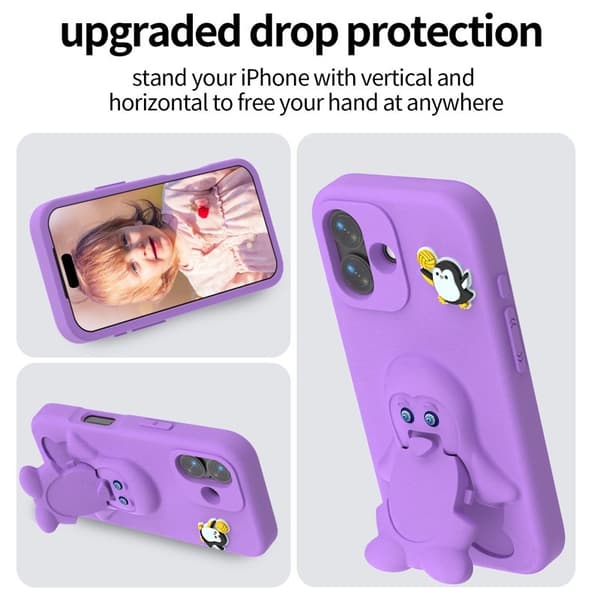 D.G Ming Mobilskal till iPhone 16 Penguin Design Kickstand EVA - Lila