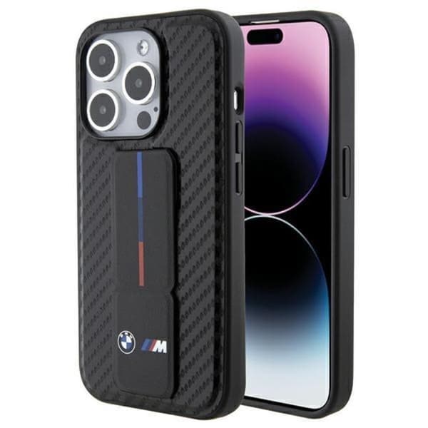 BMW iPhone 15 Pro -puhelinkuori Grip Stand Smooth & Carbon - Musta Black