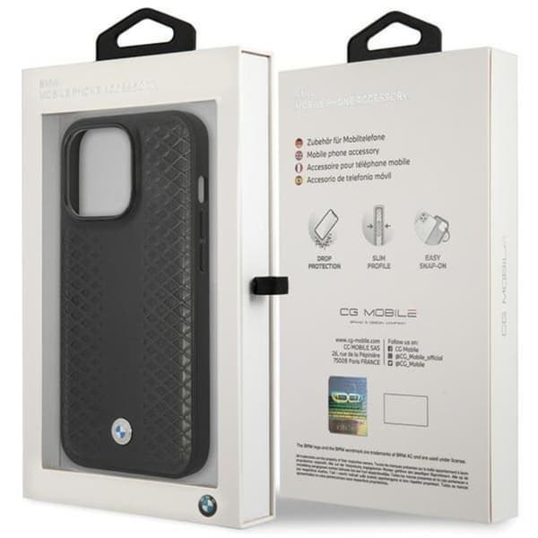 BMW iPhone 14 Pro Mobilskal Læder Diamond Pattern - Sort Black