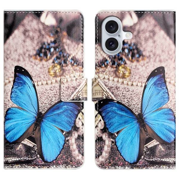 iPhone 17 Konstläder Plånboksfodral Pattern Print - Blå fjäril Blå
