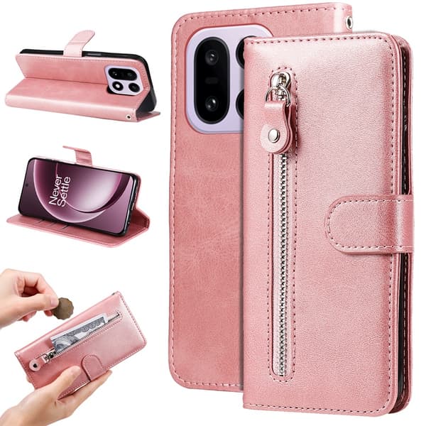 OnePlus 15 5G Plånboksfodral Zipper Pocket Konstläder - Rosa Rosa