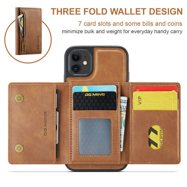 DG.MING iPhone 11 Konstläder Plånboksfodral med kortfickor - Brun