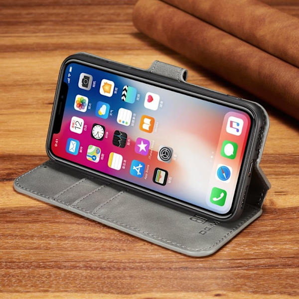 DG.MING Retro Konstläder Plånboksfodral för iPhone XS - Grå