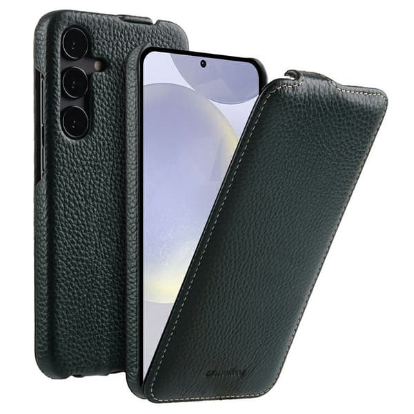 MELKCO Mobilskal till Galaxy S25 Vertikalt Flip Äkta Läder + PC Grön