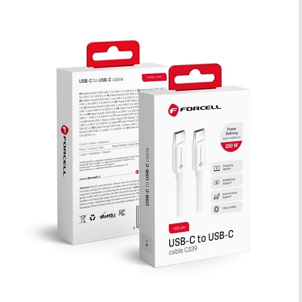FORCELL USB-C till USB-C kabel 1m QC4.0 5A/20V PD100W - Vit