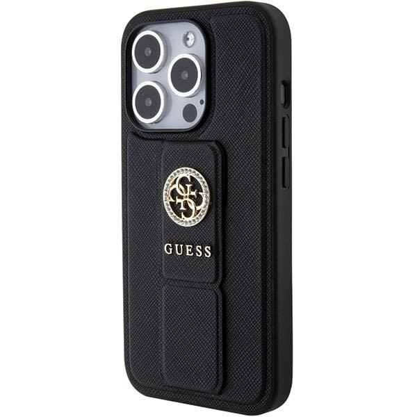 Guess iPhone 15 -puhelimen kuori Grip Stand 4G Saffiano Strass - Musta