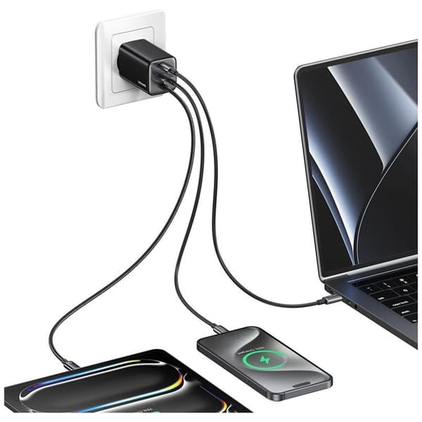 USAMS Snabbladdare 65W 2xUSB-C 1xUSB-A GaN JC - Svart Svart