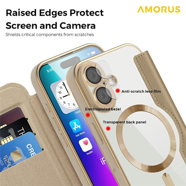 AMORUS iPhone 17 Plånboksfodral MagSafe RFID-Skydd - Guld Guld