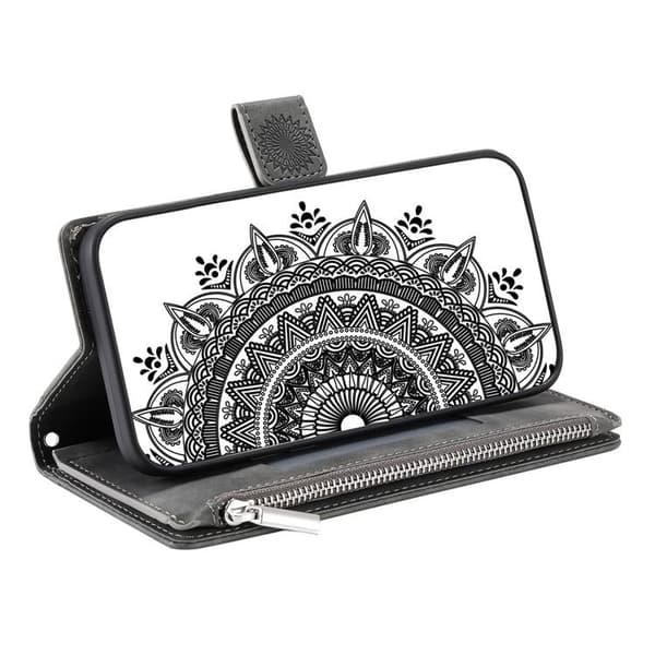 iPhone 15 Plus -lompakkokotelo Mandala Flower Imprinted - Harmaa Grå