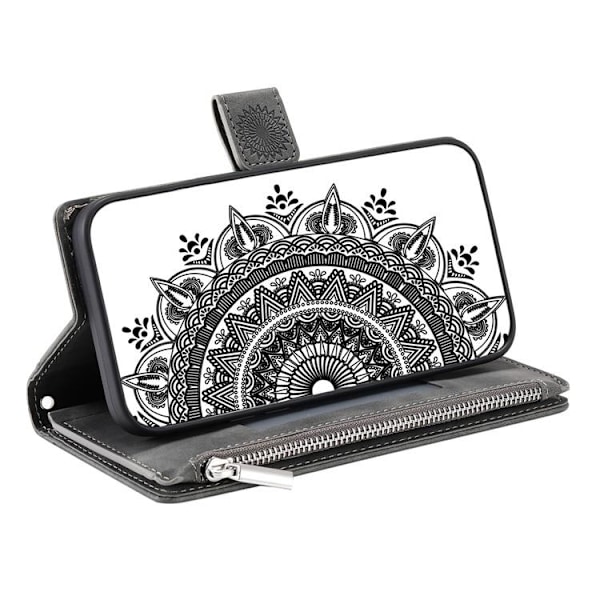 iPhone 15 Plus Plånboksfodral Mandala Flower Imprinted - Grå
