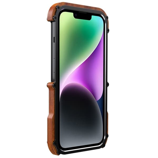 R-JUST Mobilskal till iPhone 14 Plus Shockproof Trä + Aluminium Legering Svart