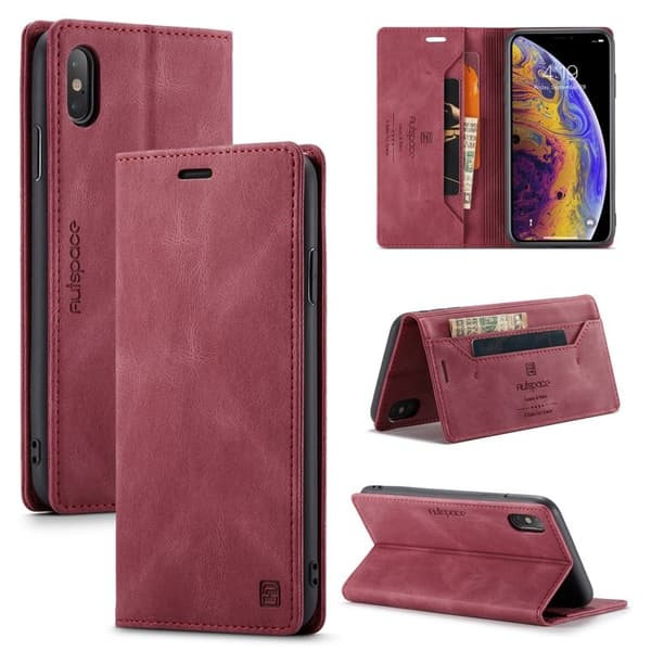 AUTSPACE A01 Plånboksfodral i Konstläder för iPhone XS Max - Röd