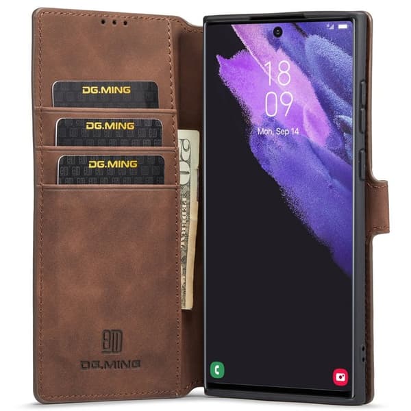 DG.MING Retro KonstLäder Wallet Mobilskal för Samsung Galaxy S22 Ultra - Brun