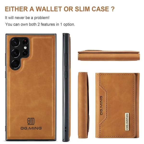 DG.MING Konstläder Plånboksfodral för Samsung Galaxy S23 Ultra - Brun