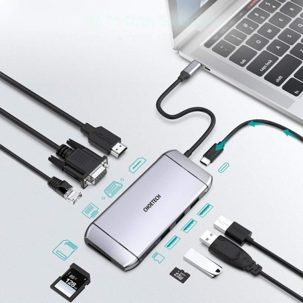 Choetech 9-i-1 Multifunktionell HUB 3 x USB till USB-C - Grå