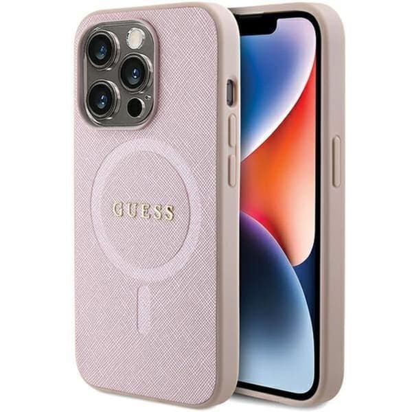 Guess iPhone 15 Pro Mobilskal Magsafe Saffiano - Rosa Rosa