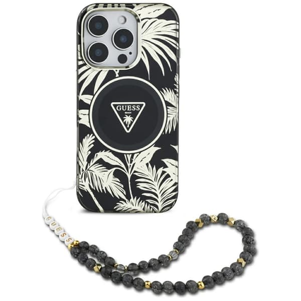 Guess Mobilskal till iPhone 16 Magsafe Palm Trees Med Pearl Strap Svart