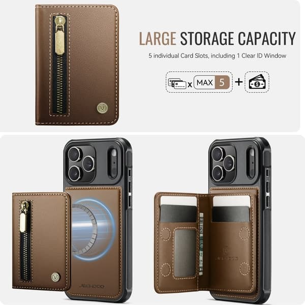 JEEHOOD J12 Plånboksfodral iPhone 17 Pro Magnetisk Konstläder Brun