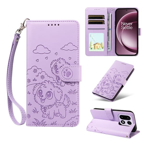 OnePlus 15 Konstläder Plånboksfodral RFID-Skydd Imprinted Dog Pattern Lila
