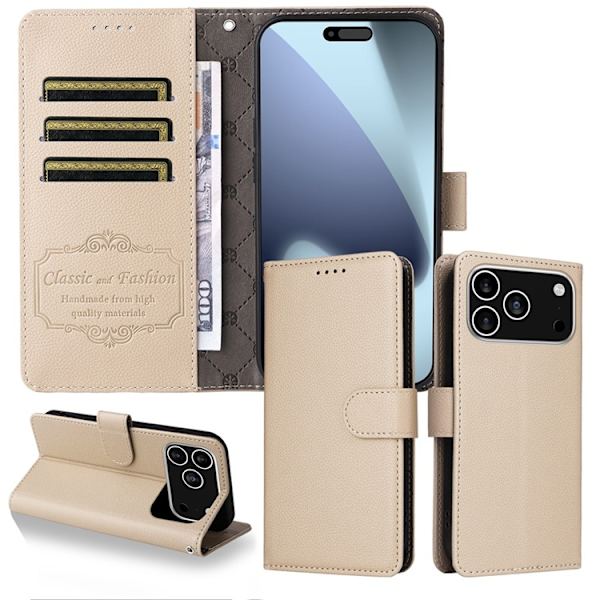 iPhone 17 Pro Plånboksfodral RFID Blocking med Handledsrem Beige