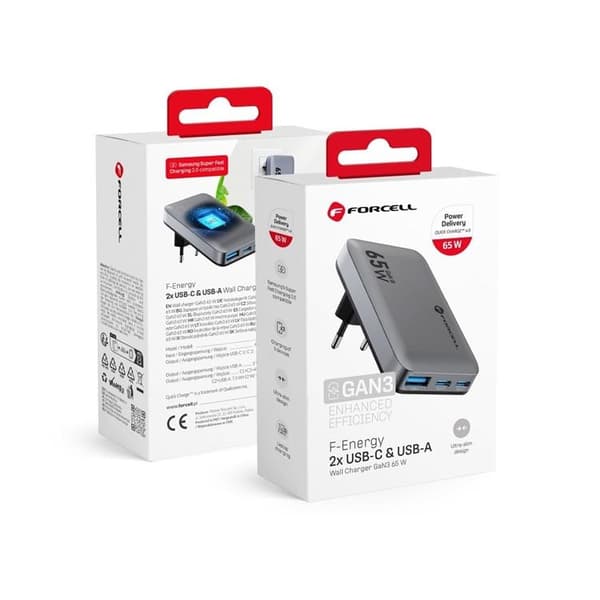 Forcell Hurtigoplader 65W 2 x USB-C - USB-A GaN PD QC4.0 Grå Grå