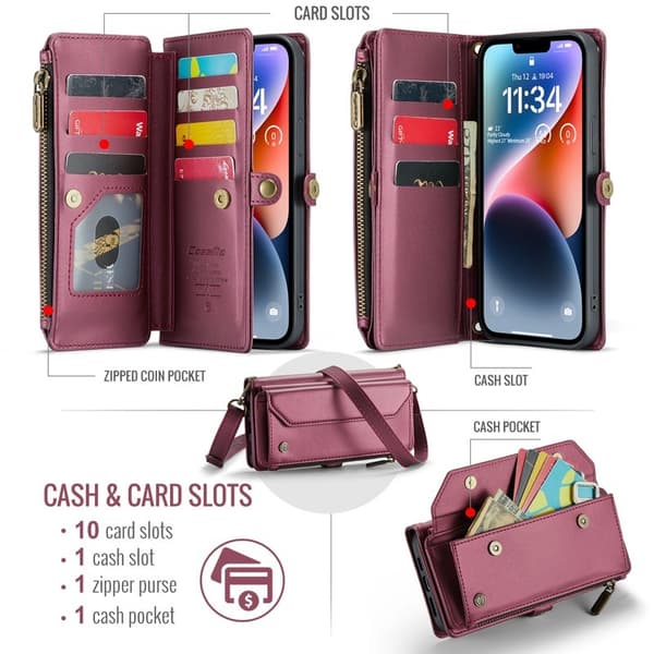CASEME Plånboksfodral Konstläder för iPhone 14 Plus - Vinröd