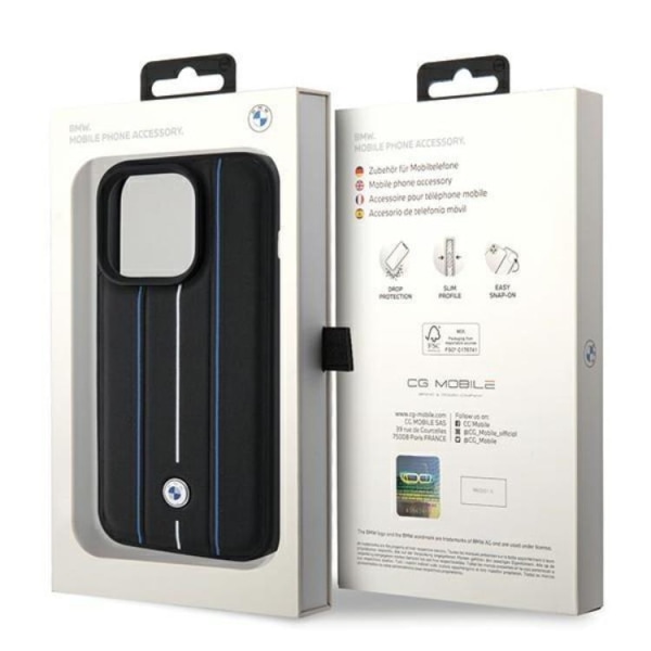 BMW iPhone 15 Pro Max matkapuhelimen suojakuori, nahkaleimasin siniset viivat