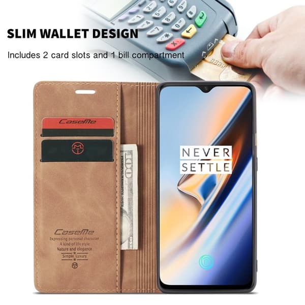 CASEME 013 Flip Konstläder Plånboksfodral för OnePlus 7 - Brun