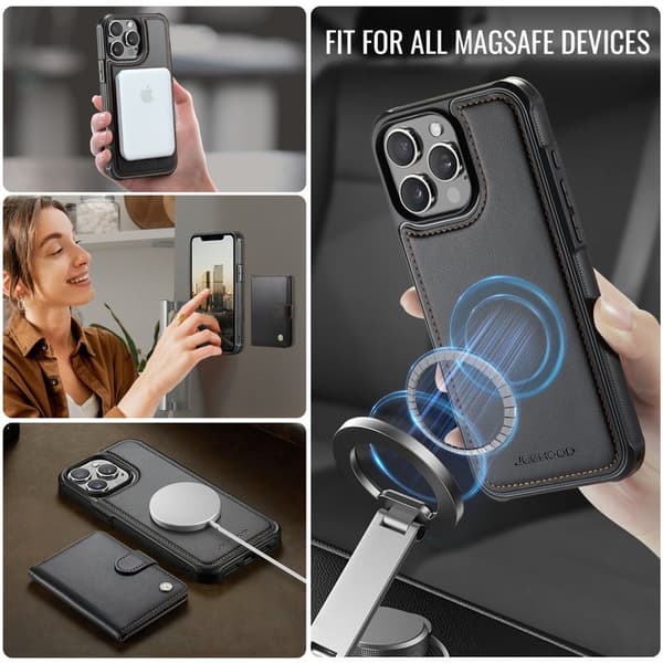 JEEHOOD J09 Mobilskal till iPhone 15 Pro RFID Låsfunktion Läder Svart