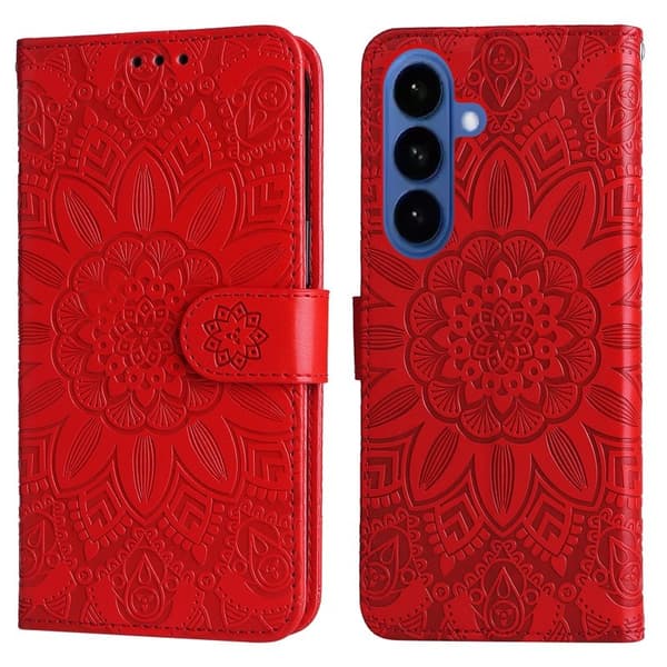 Samsung Galaxy S26+ Plånboksfodral Konstläder Blommönster - Röd