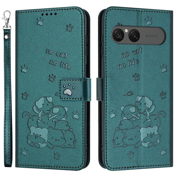 Sony Xperia 10 VII Konstläder Plånboksfodral Cats Imprint - Grön Grön