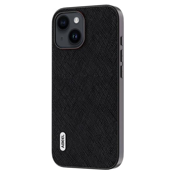 ABEEL Mobilskal till iPhone 14 Plus Cross Texture Äkta Läder PC Svart