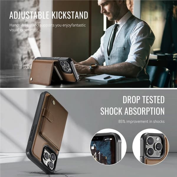 JEEHOOD J09 Mobilskal till iPhone 15 Pro RFID Låsfunktion Läder Brun
