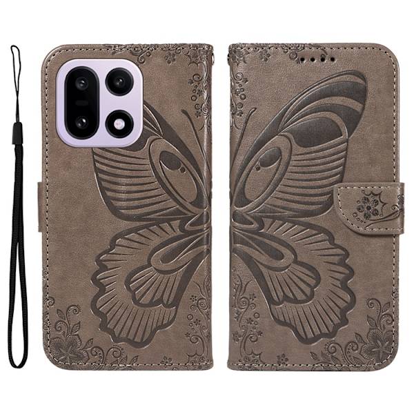 OnePlus 15 Plånboksfodral Butterfly Pattern Konstläder Grå