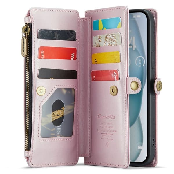 CASEME Plånboksfodral Konstläder till iPhone 15 Plus - Rosa med kortfack