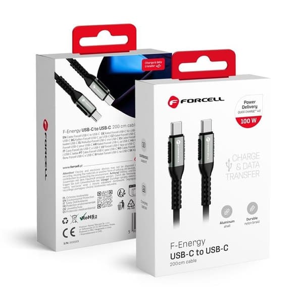 Forcell USB-C til USB-C Kabel 100W 2m QC4.0 PD 5A Cafule - Sort Black