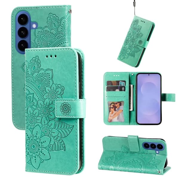 Samsung Galaxy S26 Plus Plånboksfodral Blommönster Konstläder Ställ - Grön