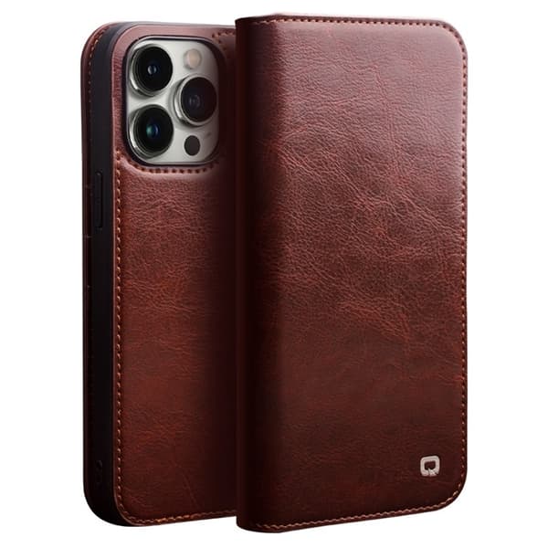 QIALINO iPhone 14 Pro Max Plånboksfodral Äkta Läder Drop Proof Brun